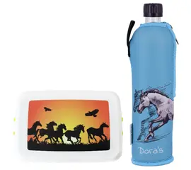 Biodora - lunch box and water bottle horses (organic plastic)