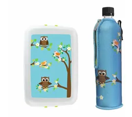 Biodora storage box and Dora's glass bottle with wetsuit in set owl