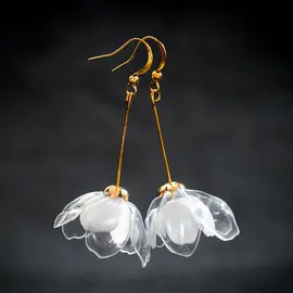Upcycle with Jing - Clear & White Double-Flower Drop Earrings